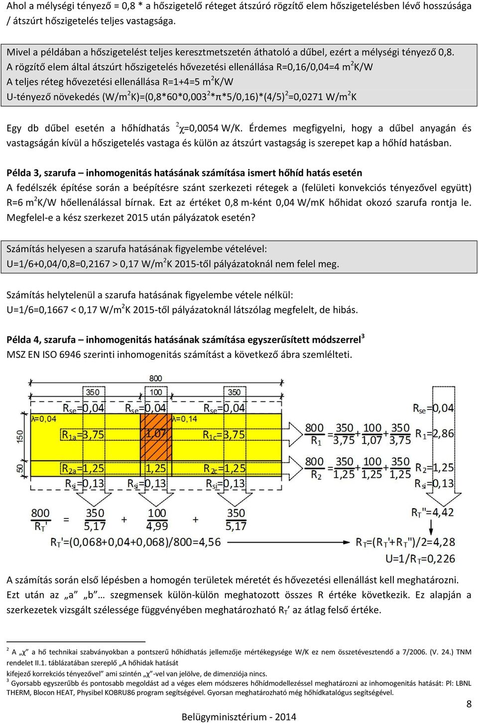 A rögzítő elem által átszúrt hőszigetelés hővezetési ellenállása R=0,16/0,04=4 m 2 K/W A teljes réteg hővezetési ellenállása R=1+4=5 m 2 K/W U-tényező növekedés (W/m 2 K)=(0,8*60*0,003 2