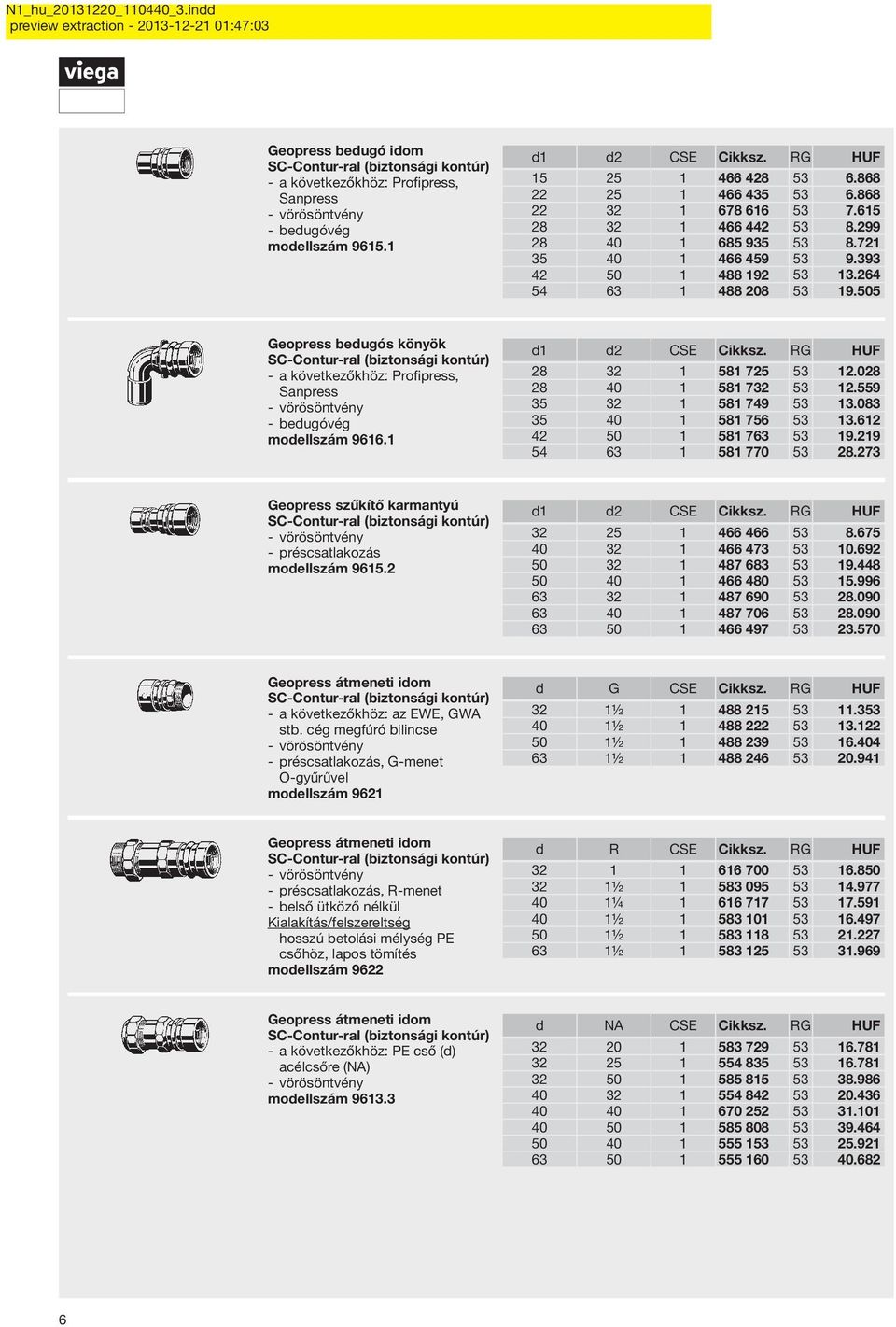 505 Geopress bedugós könyök a következőkhöz: Profipress, Sanpress vörösöntvény bedugóvég modellszám 9616.1 d1 d2 CSE Cikksz. RG HUF 28 32 1 581 725 53 12.028 28 40 1 581 732 53 12.