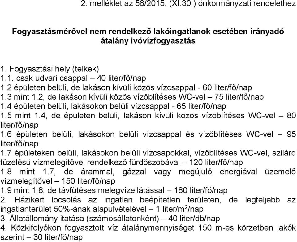 4 épületen belüli, lakásokon belüli vízcsappal - 65 liter/fő/nap 1.5 mint 1.4, de épületen belüli, lakáson kívüli közös vízöblítéses WC-vel 80 liter/fő/nap 1.