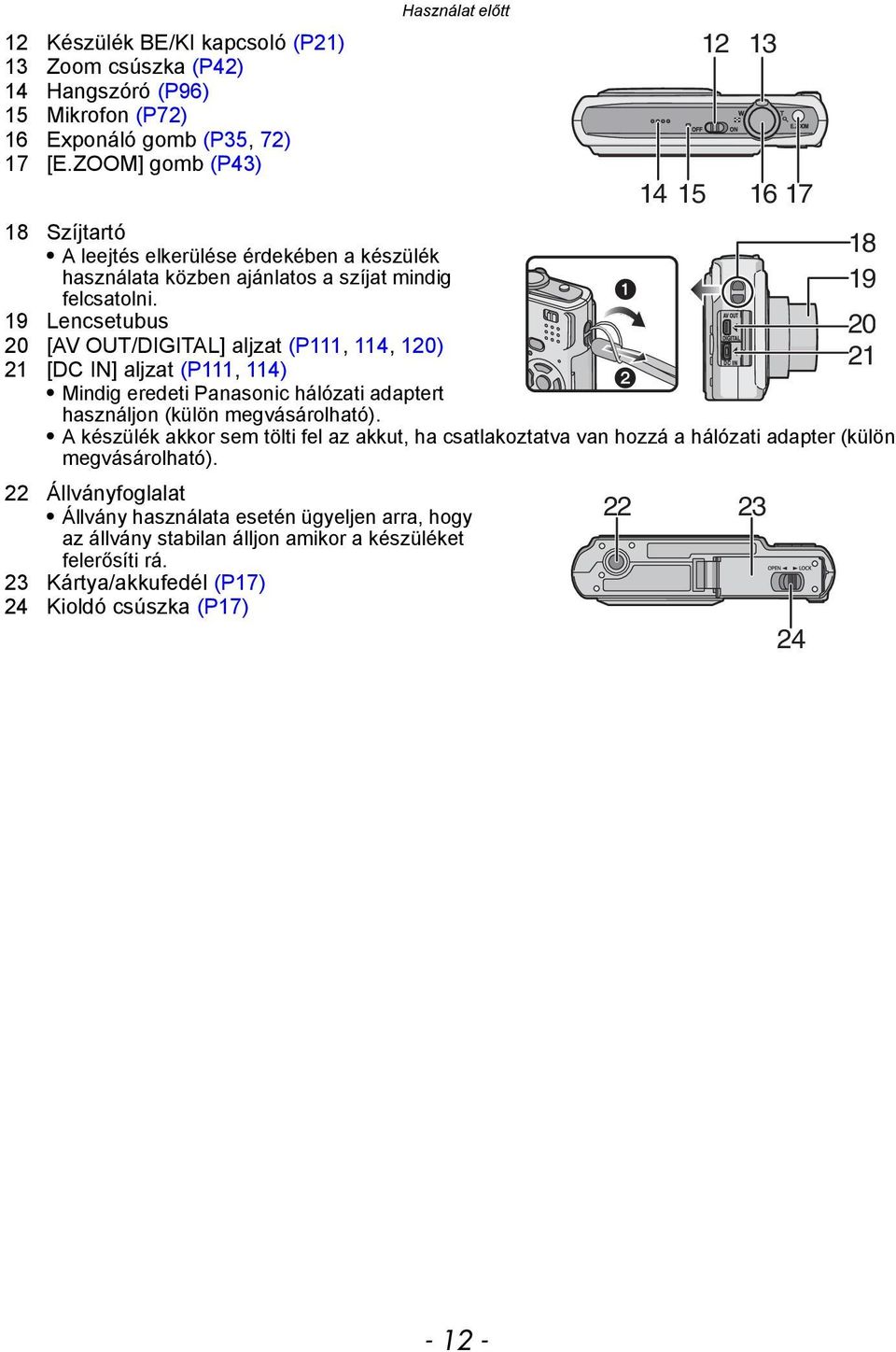 19 Lencsetubus 20 [AV OUT/DIGITAL] aljzat (P111, 114, 120) 21 [DC IN] aljzat (P111, 114) Mindig eredeti Panasonic hálózati adaptert használjon (külön megvásárolható).