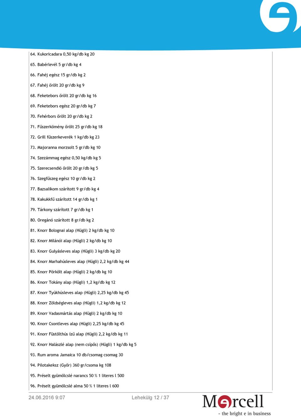 Szerecsendió őrölt 20 gr/db kg 5 76. Szegfűszeg egész 10 gr/db kg 2 77. Bazsalikom szárított 9 gr/db kg 4 78. Kakukkfű szárított 14 gr/db kg 1 79. Tárkony szárított 7 gr/db kg 1 80.