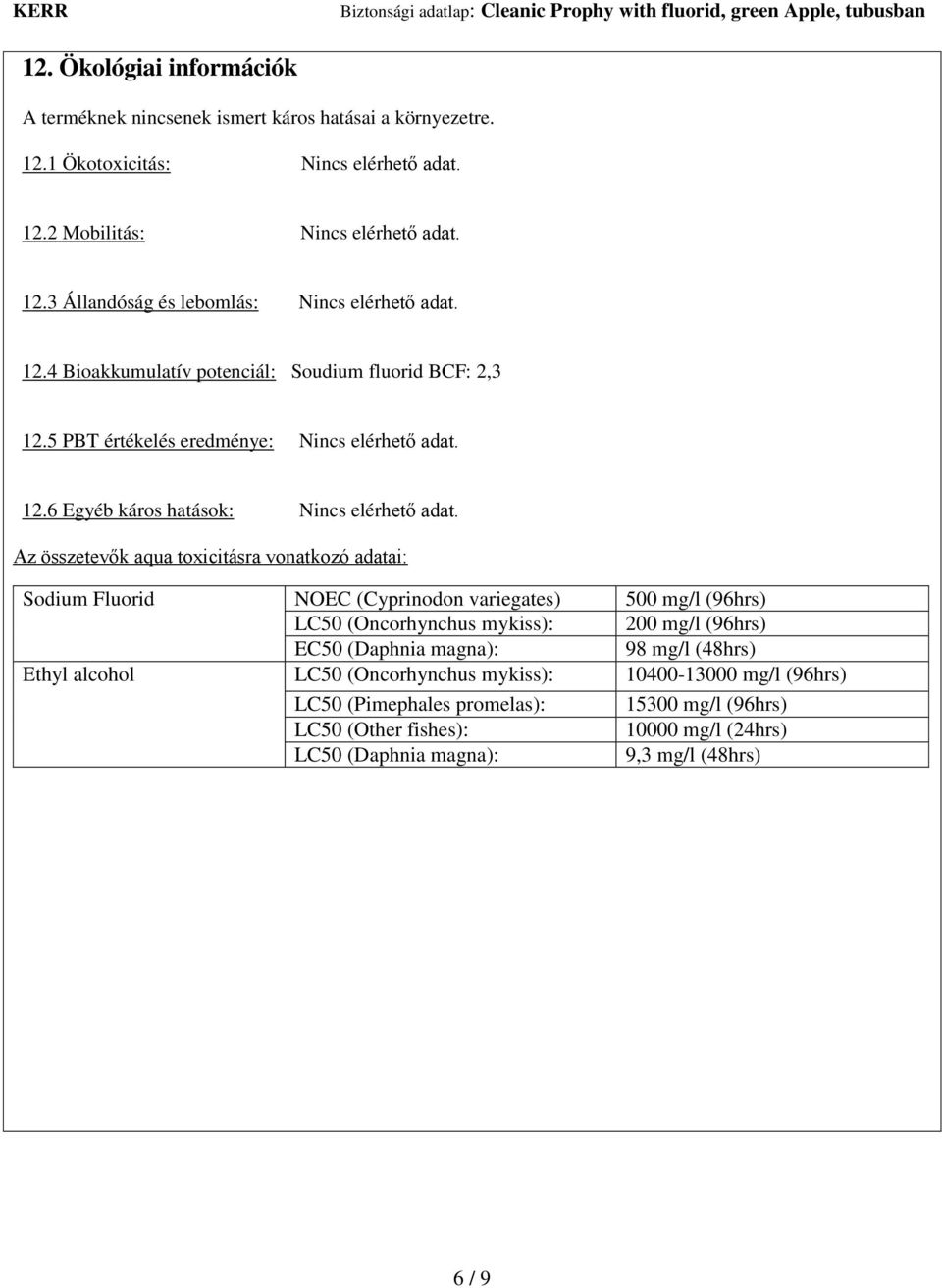 Az összetevők aqua toxicitásra vonatkozó adatai: Sodium Fluorid NOEC (Cyprinodon variegates) 500 mg/l (96hrs) LC50 (Oncorhynchus mykiss): 200 mg/l (96hrs) EC50 (Daphnia magna): 98 mg/l