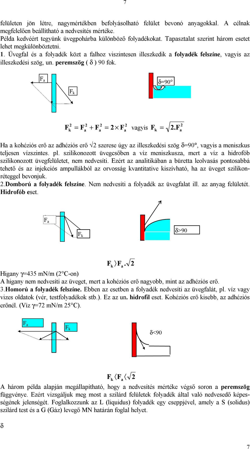 F δ=90 F k F = F + F = F vgyis k F =. k F H kohéziós erő z dhéziós erő szerese úgy z illeszkedési szög δ=90, vgyis meniszkus teljesen vízszintes. pl.