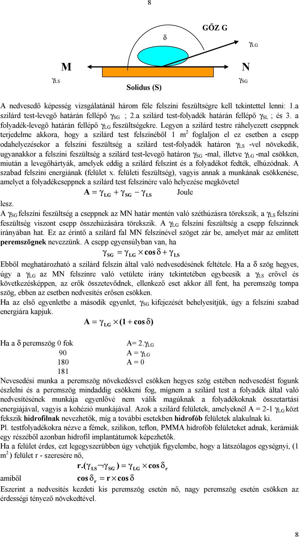 Legyen szilárd testre ráhelyezett cseppnek terjedelme kkor, hogy szilárd test felszínéből 1 m foglljon el ez esetben csepp odhelyezésekor felszíni feszültség szilárd test-folydék htáron γ LS -vel