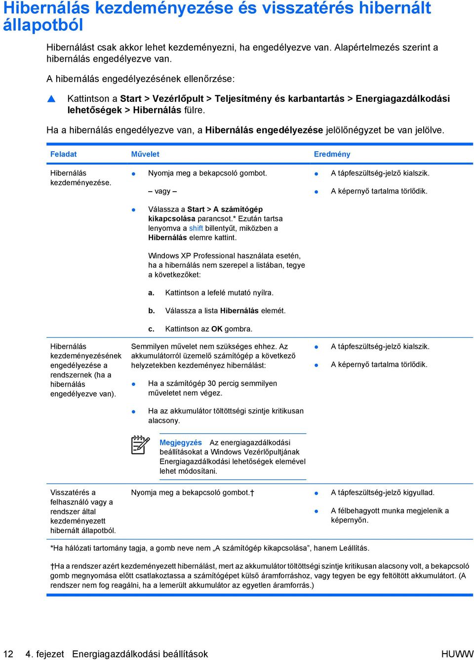 Ha a hibernálás engedélyezve van, a Hibernálás engedélyezése jelölőnégyzet be van jelölve. Feladat Művelet Eredmény Hibernálás kezdeményezése. Nyomja meg a bekapcsoló gombot.