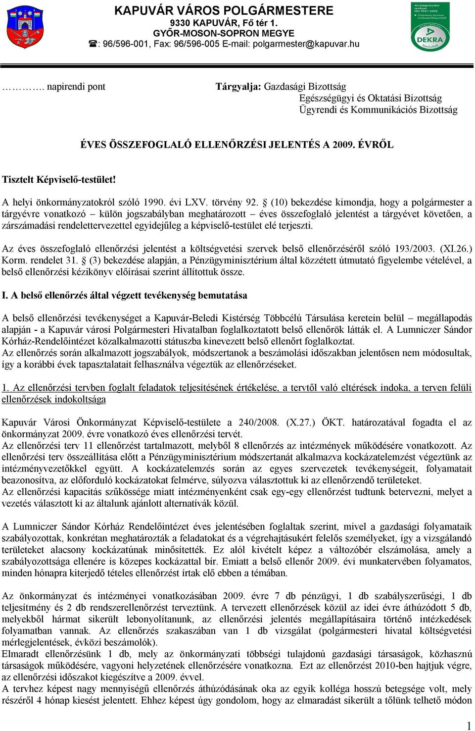 A helyi önkormányzatokról szóló 1990. évi LXV. törvény 92.