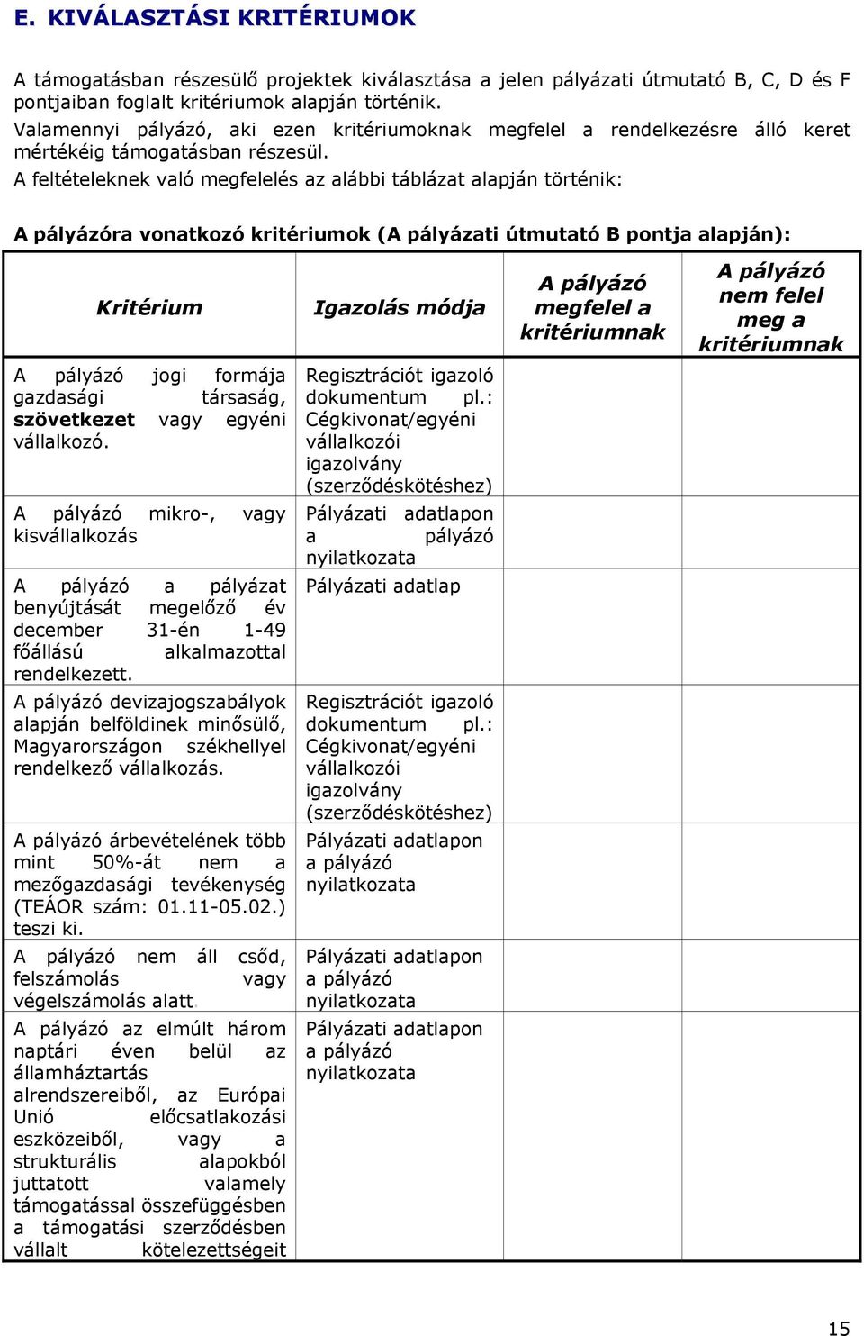 A feltételeknek vló megfelelés z lábbi táblázt lpján történik: A r vontkozó kritériumok (A pályázti útmuttó B pontj lpján): Kritérium Igzolás módj A megfelel kritériumnk A nem felel meg kritériumnk A