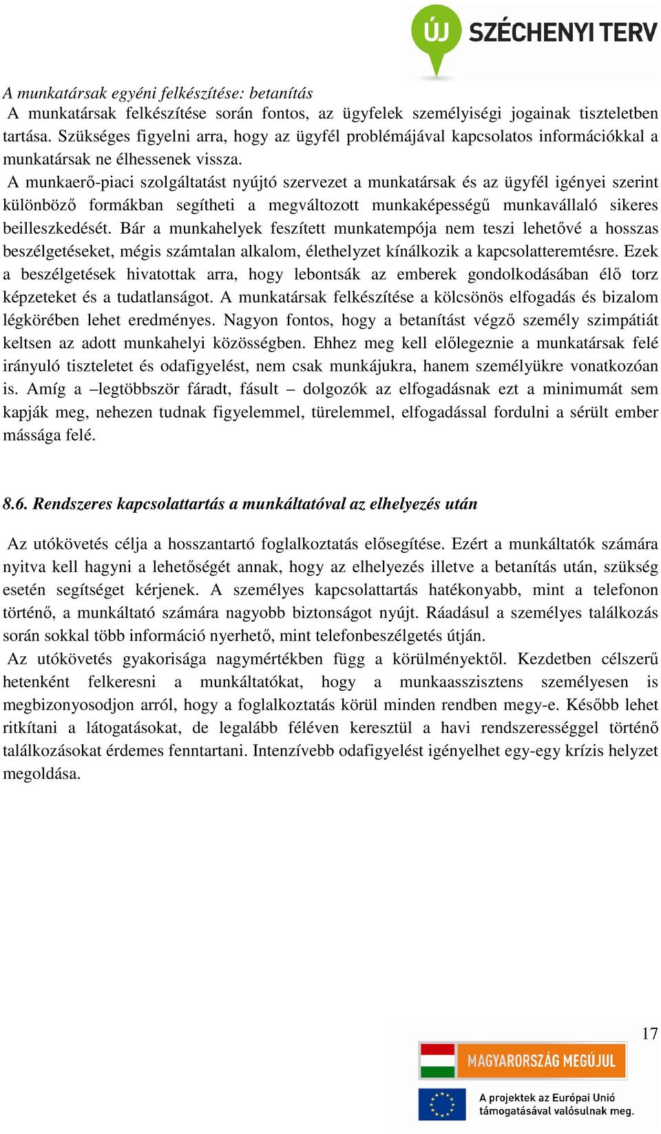 A munkaerő-piaci szolgáltatást nyújtó szervezet a munkatársak és az ügyfél igényei szerint különböző formákban segítheti a megváltozott munkaképességű munkavállaló sikeres beilleszkedését.