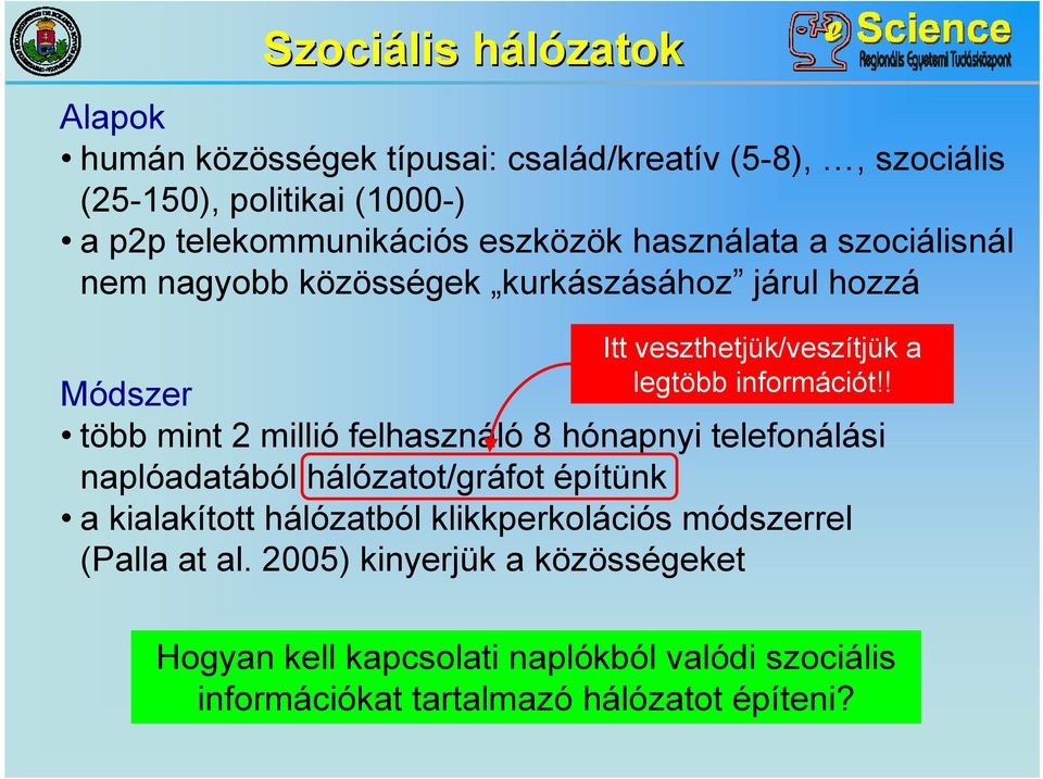 ! Módszer több mint 2 millió felhasználó 8 hónapnyi telefonálási naplóadatából hálózatot/gráfot építünk a kialakított hálózatból