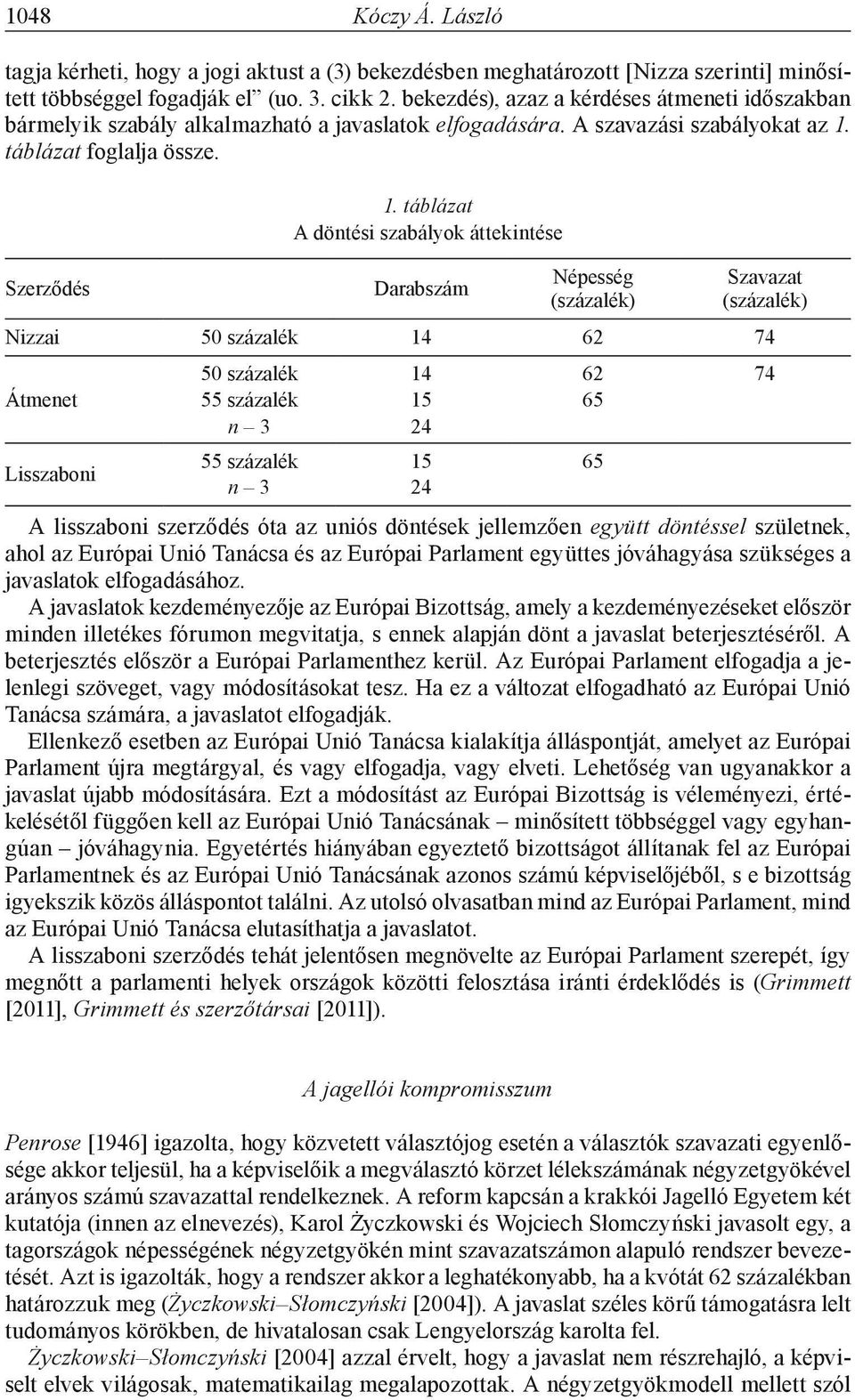 táblázat A döntési szabályok áttekintése Darabszám Népesség (százalék) Szavazat (százalék) Nizzai 50 százalék 14 62 74 Átmenet Lisszaboni 50 százalék 14 62 74 55 százalék 15 65 n 3 24 55 százalék 15