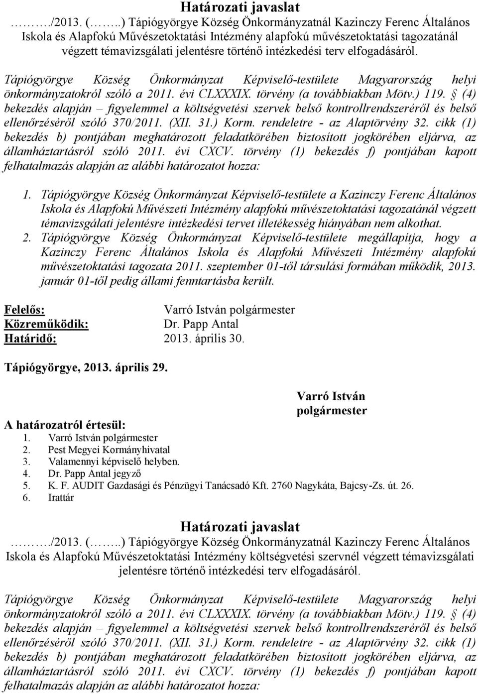 intézkedési terv elfogadásáról. 1.
