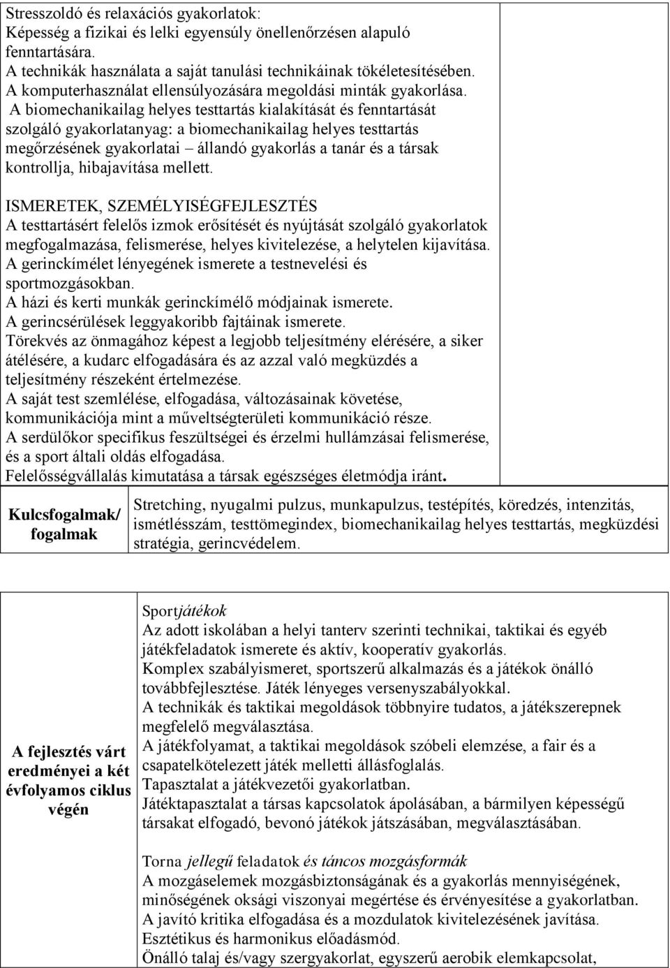 A biomechanikailag helyes testtartás kialakítását és fenntartását szolgáló gyakorlatanyag: a biomechanikailag helyes testtartás megőrzésének gyakorlatai állandó gyakorlás a tanár és a társak