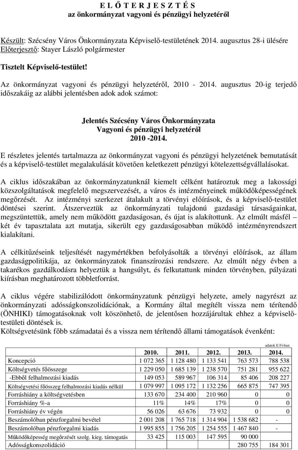 augusztus 20-ig terjedő időszakáig az alábbi jelentésben adok adok számot: Jelentés Szécsény Város Önkormányzata Vagyoni és pénzügyi helyzetéről 2010-2014.