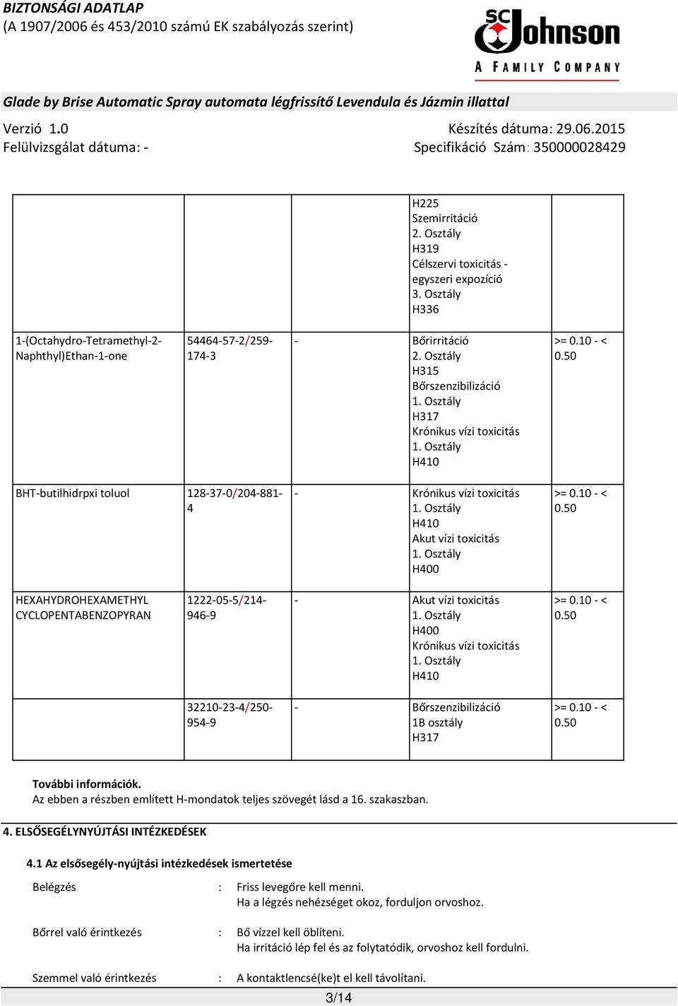 10 - < 0.50 1222-05-5/214-946-9 - Akut vízi toxicitás 1. Osztály H400 Krónikus vízi toxicitás 1. Osztály H410 >= 0.10 - < 0.50 32210-23-4/250-954-9 - Bőrszenzibilizáció 1B osztály H317 >= 0.10 - < 0.50 További információk.