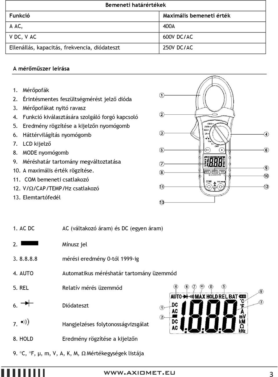 LCD kijelző 8. MODE nyomógomb 9. Méréshatár tartomány megváltoztatása 10. A maximális érték rögzítése. 11. COM bemeneti csatlakozó 12. V/Ω/CAP/TEMP/Hz csatlakozó 13. Elemtartófedél 1.