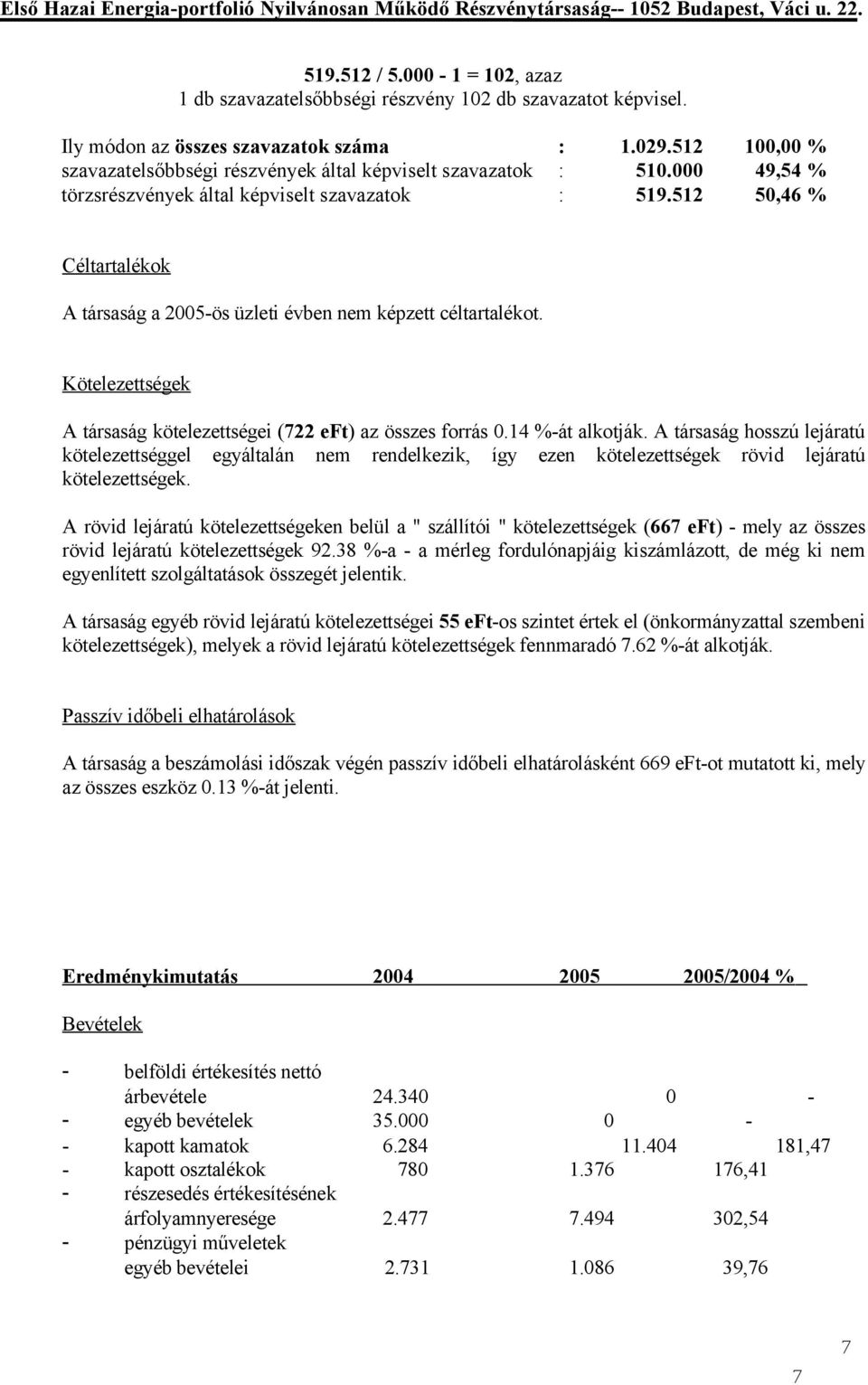 512 50,46 % Céltartalékok A társaság a 2005-ös üzleti évben nem képzett céltartalékot. Kötelezettségek A társaság kötelezettségei (722 eft) az összes forrás 0.14 %-át alkotják.