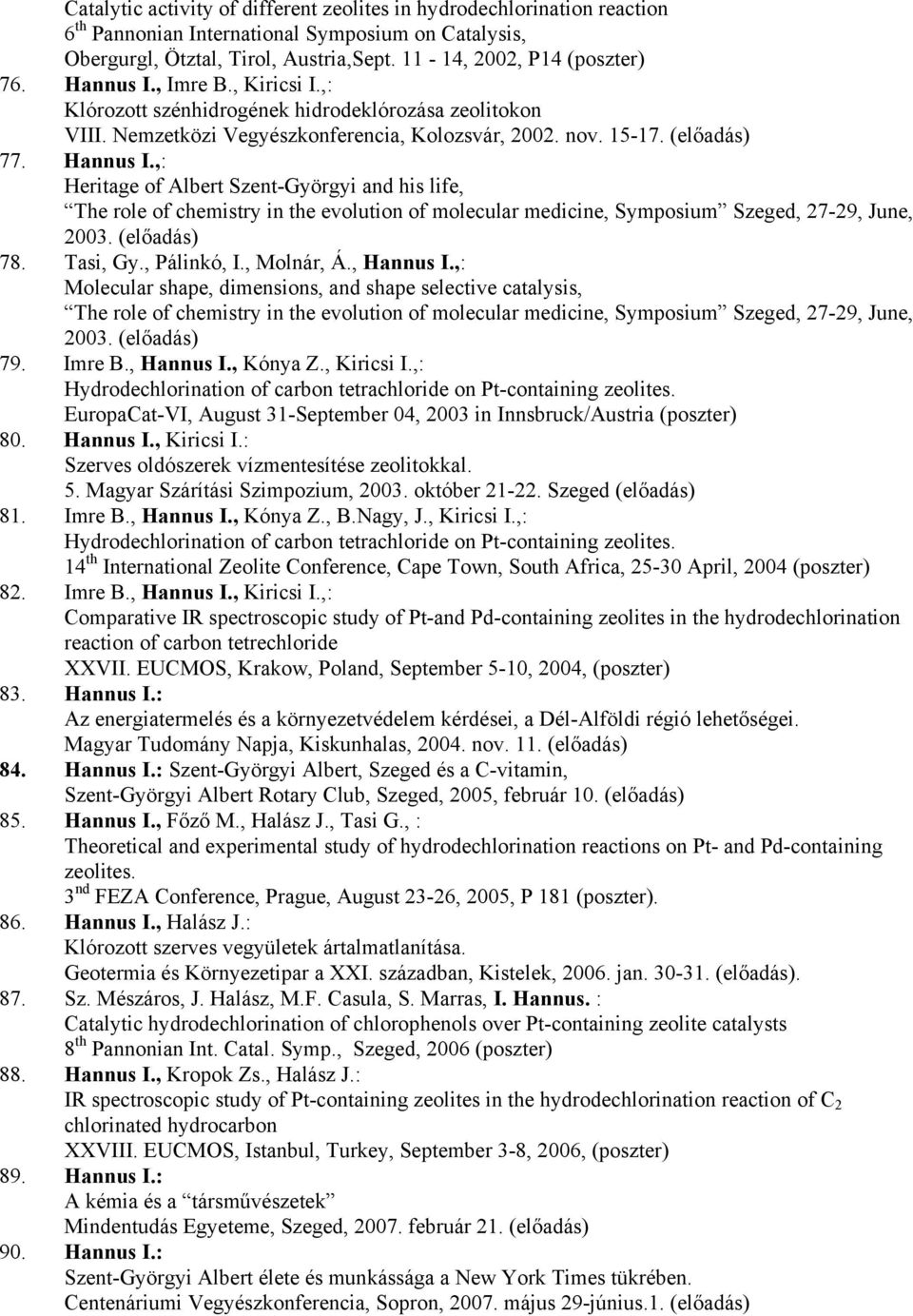 ,: Heritage of Albert Szent-Györgyi and his life, The role of chemistry in the evolution of molecular medicine, Symposium Szeged, 27-29, June, 2003. (előadás) 78. Tasi, Gy., Pálinkó, I., Molnár, Á.