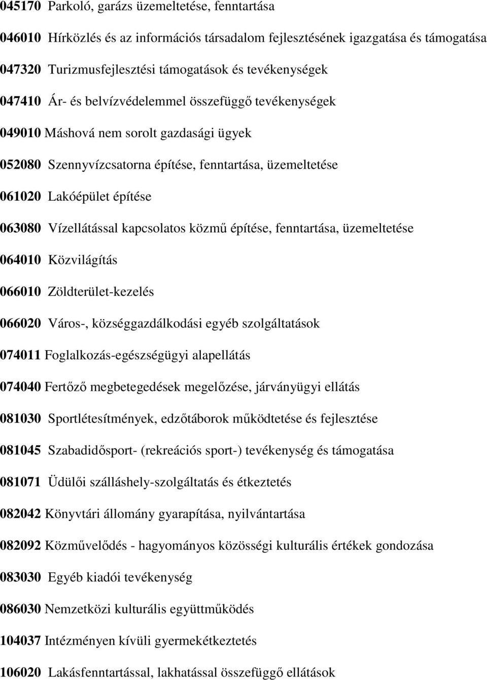 kapcsolatos közmű építése, fenntartása, üzemeltetése 064010 Közvilágítás 066010 Zöldterület-kezelés 066020 Város-, községgazdálkodási egyéb szolgáltatások 074011 Foglalkozás-egészségügyi alapellátás