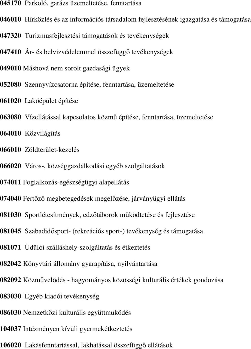 kapcsolatos közmű építése, fenntartása, üzemeltetése 064010 Közvilágítás 066010 Zöldterület-kezelés 066020 Város-, községgazdálkodási egyéb szolgáltatások 074011 Foglalkozás-egészségügyi alapellátás