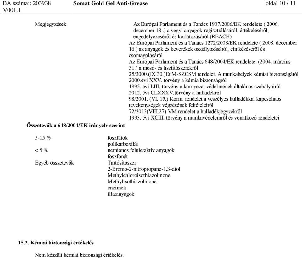 ) az anyagok és keverékek osztályozásáról, címkézéséről és csomagolásáról Az Európai Parlament és a Tanács 648/2004/EK rendelete (2004. március 31.) a mosó- és tisztítószerekről 25/2000.(IX.30.