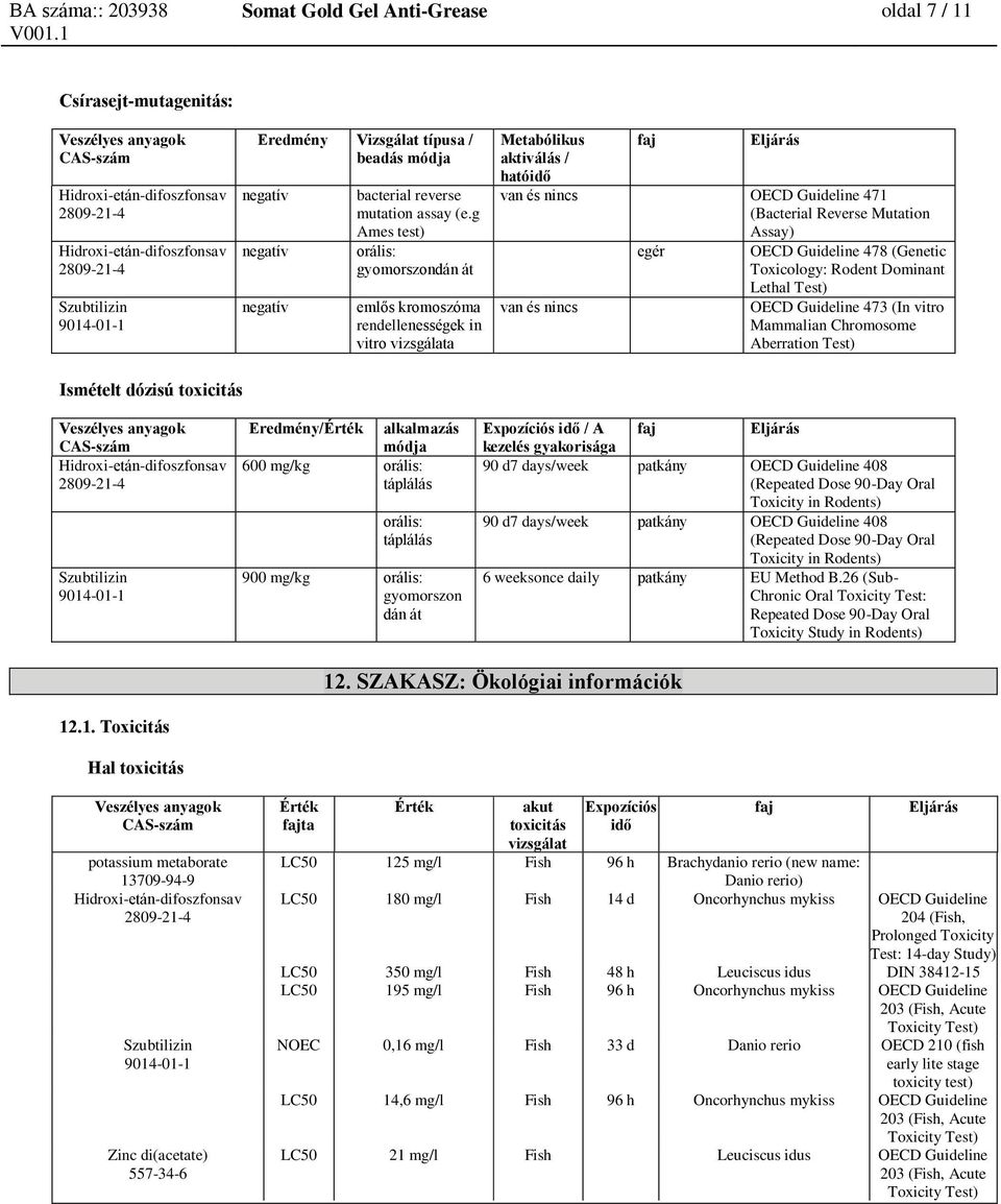 OECD Guideline 478 (Genetic Toxicology: Rodent Dominant Lethal Test) van és nincs OECD Guideline 473 (In vitro Mammalian Chromosome Aberration Test) Ismételt dózisú toxicitás Eredmény/ alkalmazás