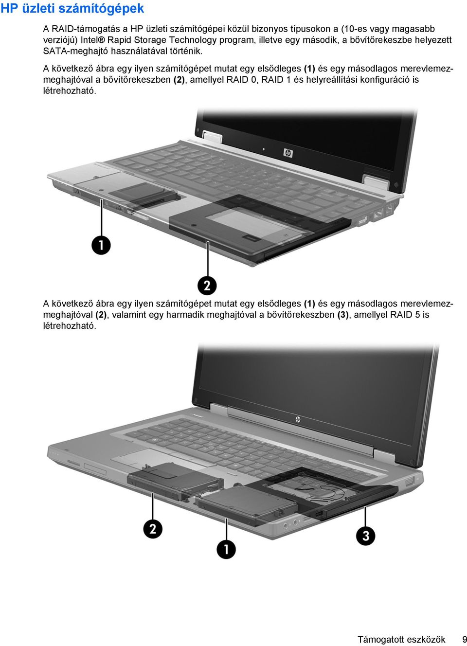 A következő ábra egy ilyen számítógépet mutat egy elsődleges (1) és egy másodlagos merevlemezmeghajtóval a bővítőrekeszben (2), amellyel RAID 0, RAID 1 és