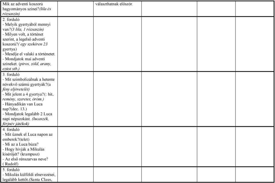 (a fény eljövetelét) - Mit jelent a 4 gyertya?(: hit, remény, szeretet, öröm.) - Hányadikán van Luca nap?(dec. 13.) - Mondjatok legalább 2 Luca napi népszokást. (lucaszék, férjnév játékok) 4.