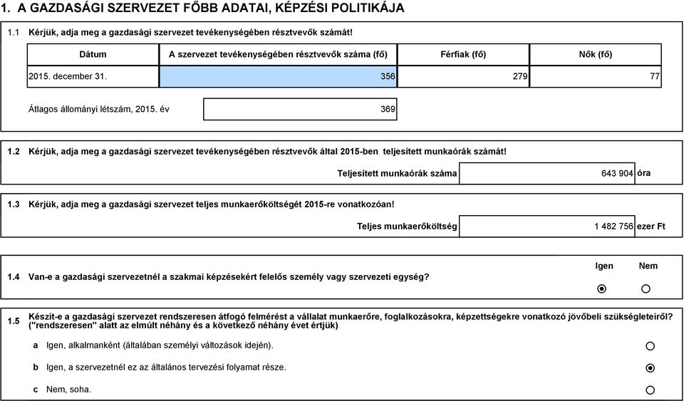 2 Kérjük, adja meg a gazdasági szervezet tevékenységéen résztvevők által 2015-en teljesített munkaórák számát! Teljesített munkaórák száma 643 904 óra 1.