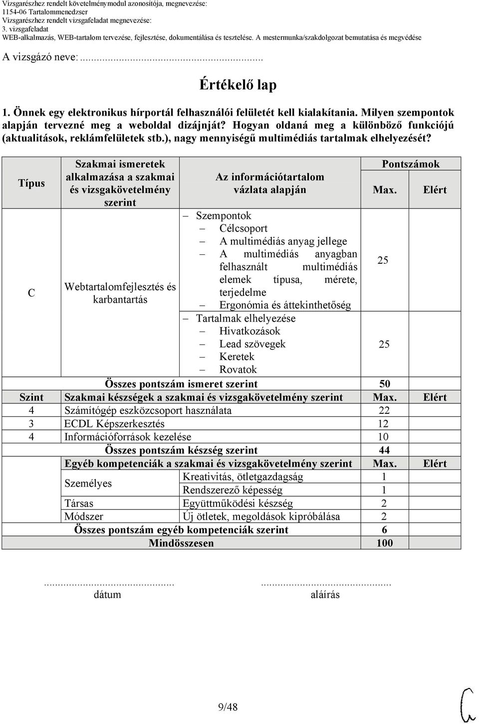 Típus Szakmai ismeretek alkalmazása a szakmai és vizsgakövetelmény szerint Webtartalomfejlesztés és karbantartás Az információtartalom vázlata alapján Szempontok élcsoport A multimédiás anyag jellege