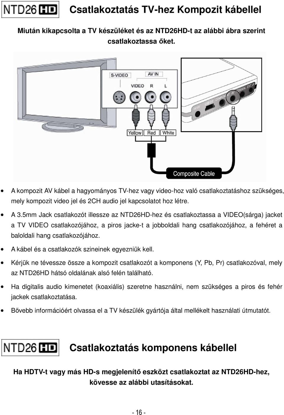 5mm Jack csatlakozót illessze az NTD26HD-hez és csatlakoztassa a VIDEO(sárga) jacket a TV VIDEO csatlakozójához, a piros jacke-t a jobboldali hang csatlakozójához, a fehéret a baloldali hang