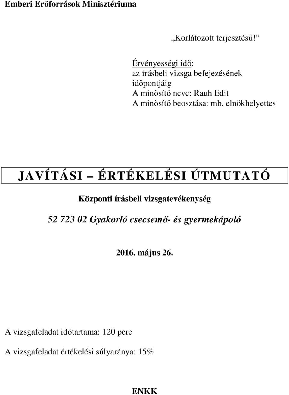 elnökhelyettes JAVÍTÁSI ÉRTÉKELÉSI ÚTMUTATÓ Központi írásbeli vizsgatevékenység 52 723 02