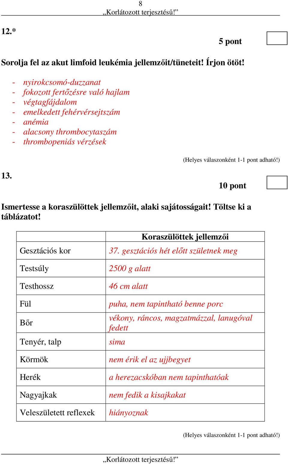 10 pont Ismertesse a koraszülöttek jellemzőit, alaki sajátosságait! Töltse ki a táblázatot!