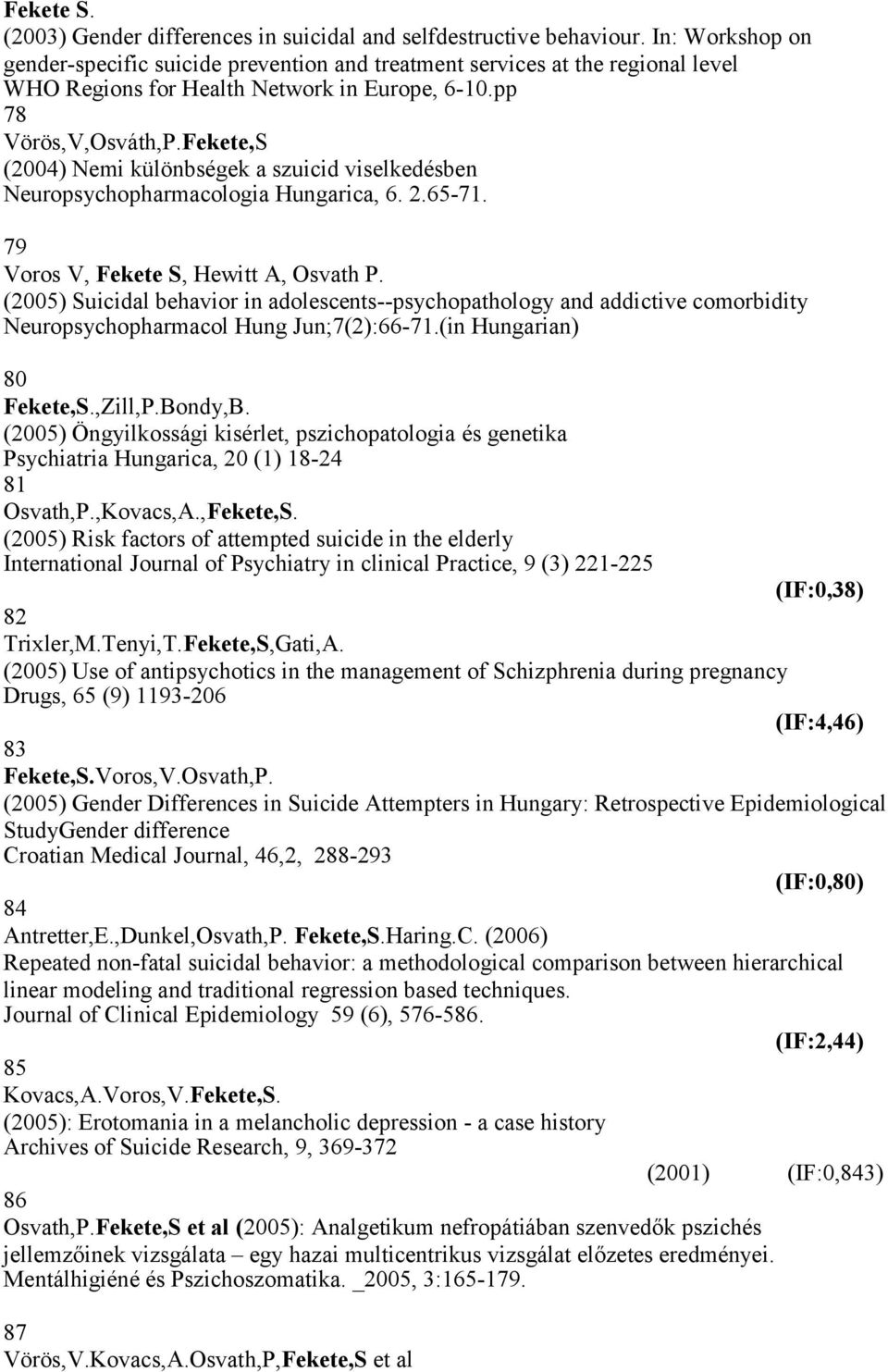 Fekete,S (2004) Nemi különbségek a szuicid viselkedésben Neuropsychopharmacologia Hungarica, 6. 2.65-71. 79 Voros V, Fekete S, Hewitt A, Osvath P.