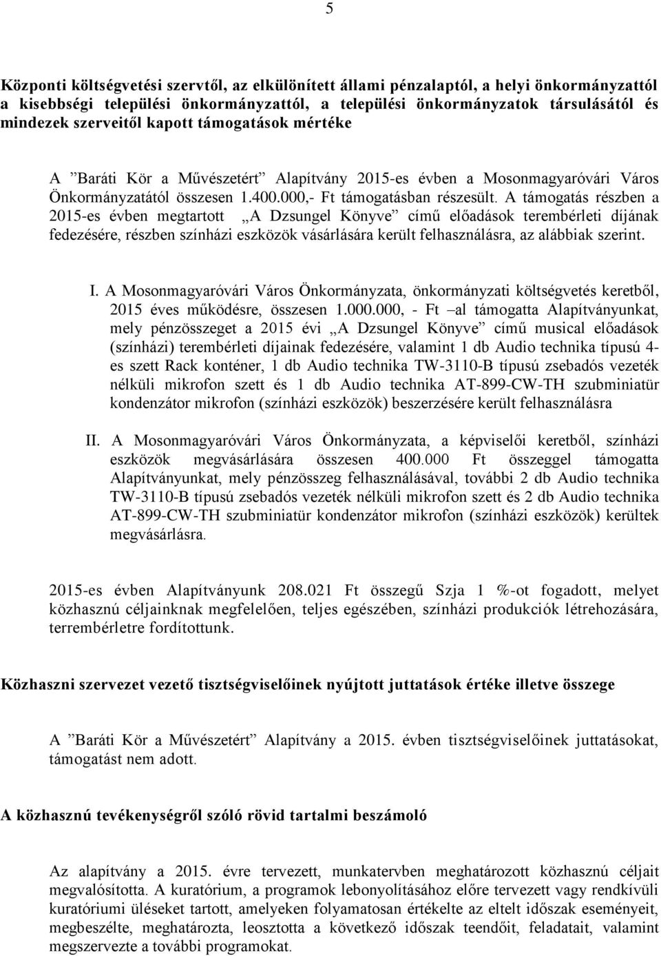 A támogatás részben a 2015-es évben megtartott A Dzsungel Könyve című előadások terembérleti díjának fedezésére, részben színházi eszközök vásárlására került felhasználásra, az alábbiak szerint. I.