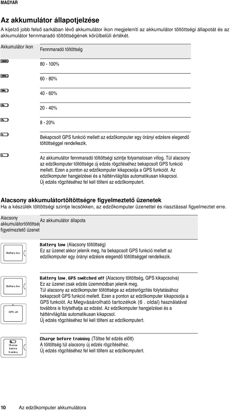 Az akkumulátor fennmaradó töltöttségi szintje folyamatosan villog. Túl alacsony az edzőkomputer töltöttsége új edzés rögzítéséhez bekapcsolt GPS funkció mellett.