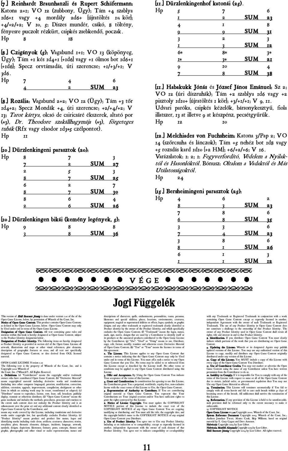 ] Czigányok (5): Vagabund 1+1; VO 13 (köpönyeg, Ügy); Tám +1 kés 1d4+1 [+1d6] vagy +1 ólmos bot 1d6+1 [+1d6]; Specz orvtámadás, úti szerencse; +1/+3/+1; V 3d6. Hp 7 4 6 4 2 SUM 23 [8.