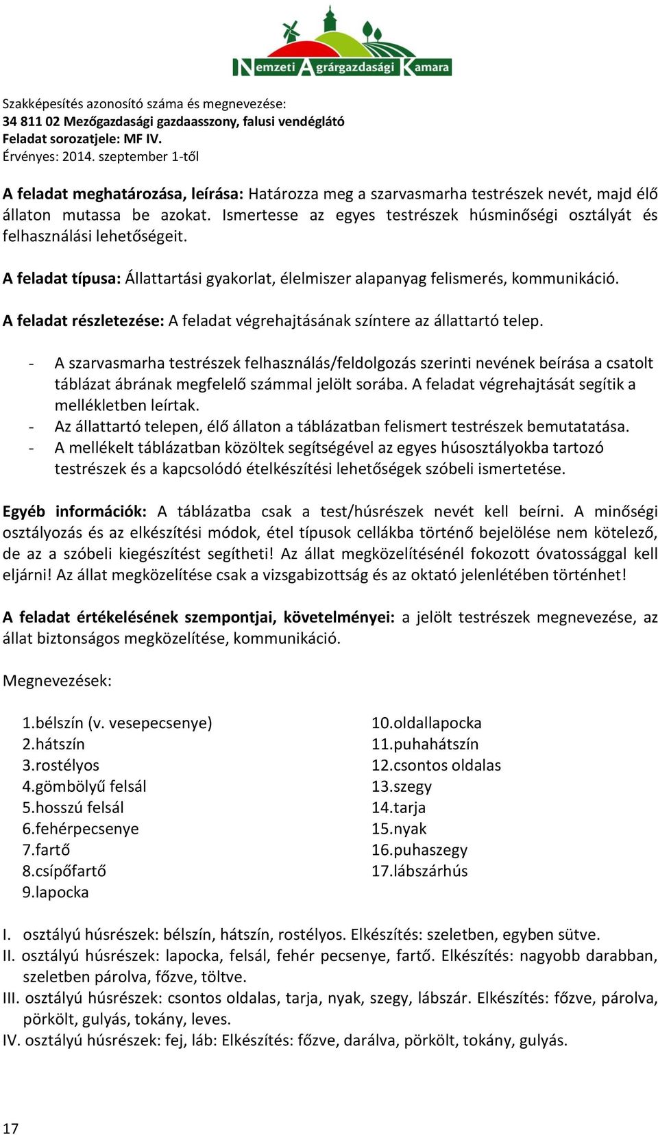 - A szarvasmarha testrészek felhasználás/feldolgozás szerinti nevének beírása a csatolt táblázat ábrának megfelelő számmal jelölt sorába. A feladat végrehajtását segítik a mellékletben leírtak.