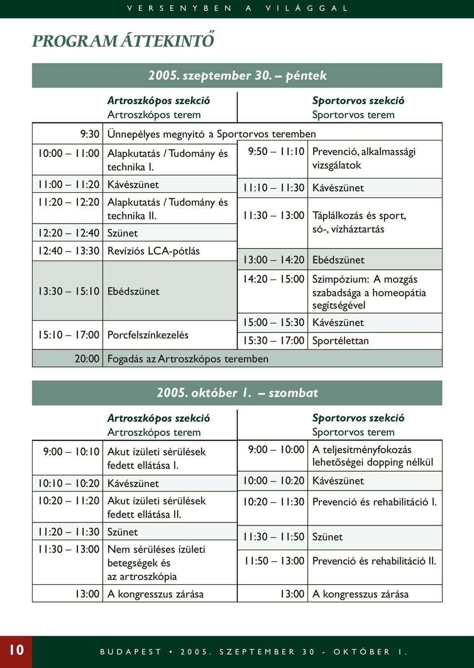 12:20 12:40 Szünet Artroszkópos szekció Artroszkópos terem 12:40 13:30 Revíziós LCA-pótlás 13:30 15:10 Ebédszünet 15:10 17:00 Porcfelszínkezelés 20:00 Fogadás az Artroszkópos teremben 2005. október 1.