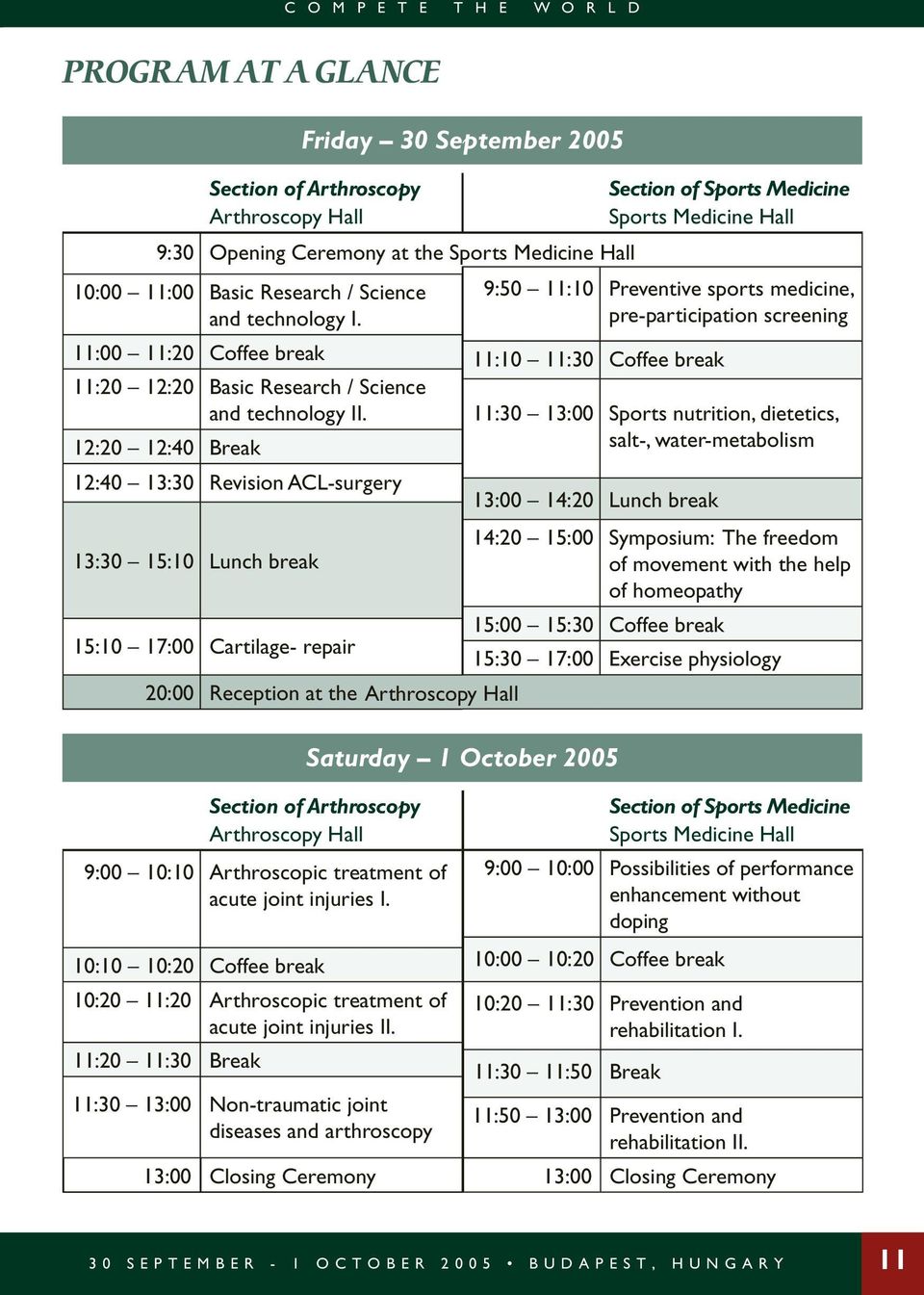 12:20 12:40 Break 12:40 13:30 Revision ACL-surgery 13:30 15:10 Lunch break 15:10 17:00 Cartilage- repair 20:00 Reception at the Arthroscopy Hall Saturday 1 October 2005 Section of Sports Medicine