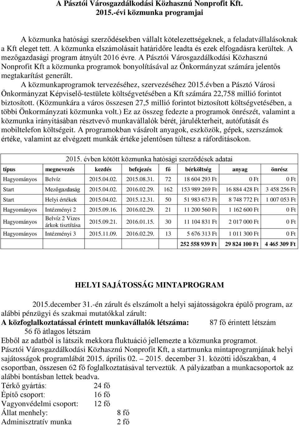 A Pásztói Városgazdálkodási Közhasznú Nonprofit Kft a közmunka programok bonyolításával az Önkormányzat számára jelentős megtakarítást generált. A közmunkaprogramok tervezéséhez, szervezéséhez 2015.