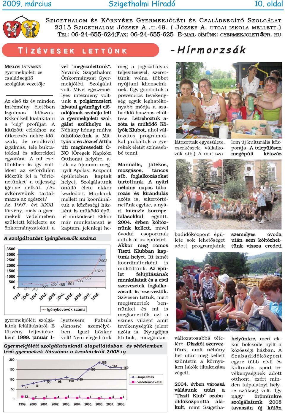 HU T Í Z É V E S E K L E T T Ü N K -Hírmorzsák MIKLÓS ISTVÁNNÉ gyermekjóléti és családsegítõ szolgálat vezetõje Az elsõ tíz év minden intézmény életében izgalmas idõszak.