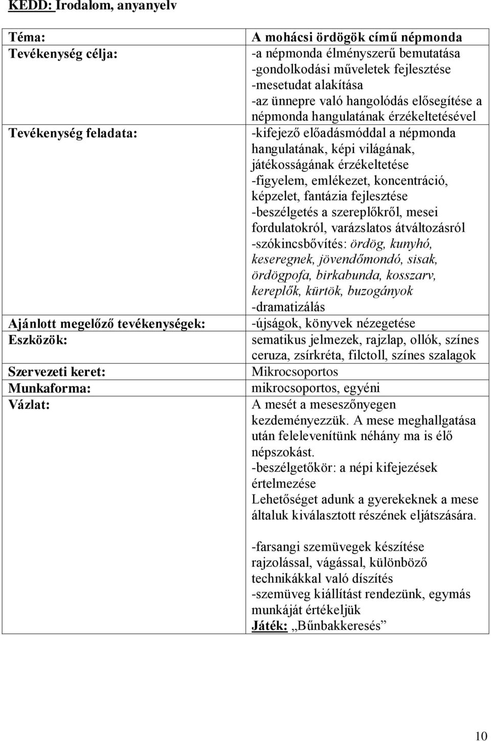 hangulatának, képi világának, játékosságának érzékeltetése -figyelem, emlékezet, koncentráció, képzelet, fantázia fejlesztése -beszélgetés a szereplőkről, mesei fordulatokról, varázslatos