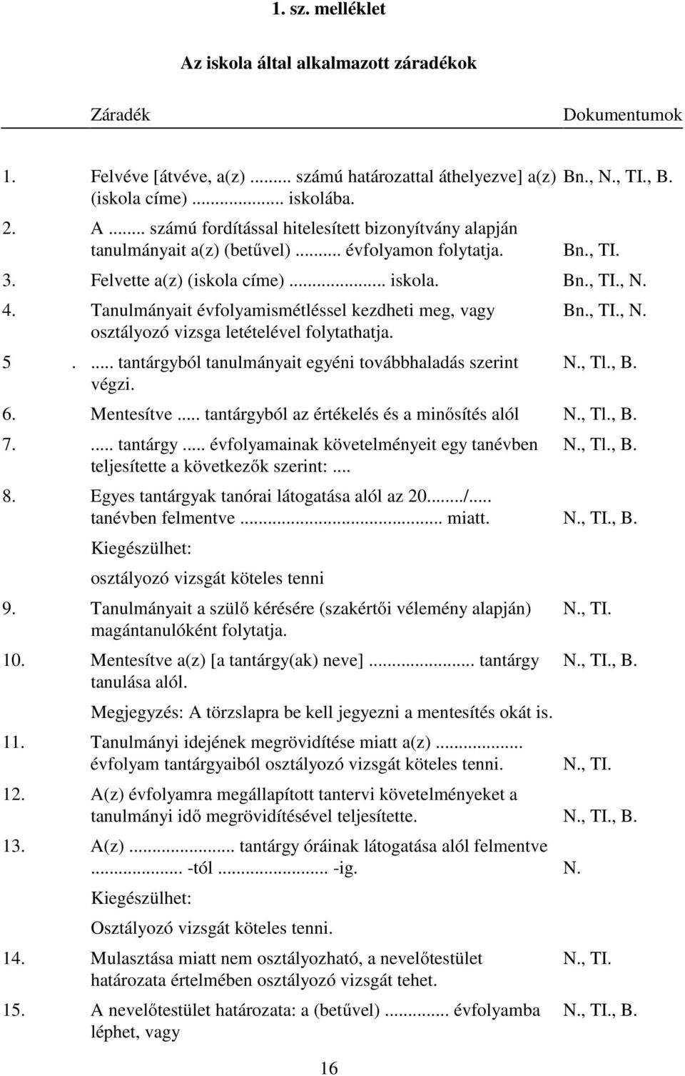 Tanulmányait évfolyamismétléssel kezdheti meg, vagy osztályozó vizsga letételével folytathatja. 5.... tantárgyból tanulmányait egyéni továbbhaladás szerint végzi. Bn., TI., N. N., Tl., B. 6.