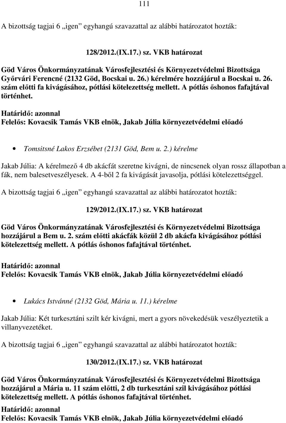 Felelős: Kovacsik Tamás VKB elnök, Jakab Júlia környezetvédelmi előadó Tomsitsné Lakos Erzsébet (2131 Göd, Bem u. 2.