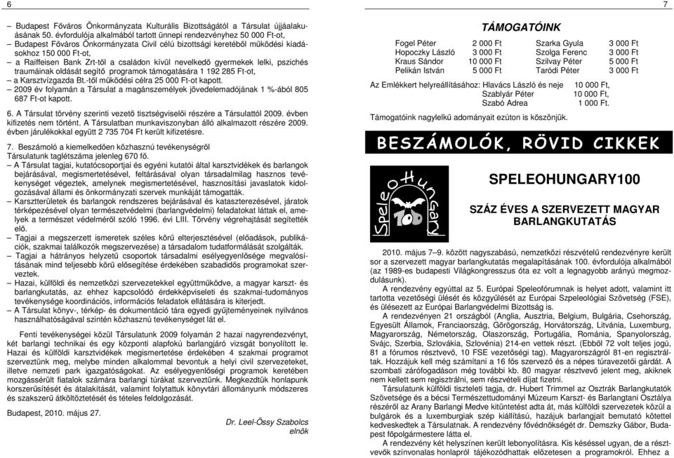 családon kívül nevelkedő gyermekek lelki, pszichés traumáinak oldását segítő programok támogatására 1 192 285 Ft-ot, a Karsztvízgazda Bt.-től működési célra 25 000 Ft-ot kapott.