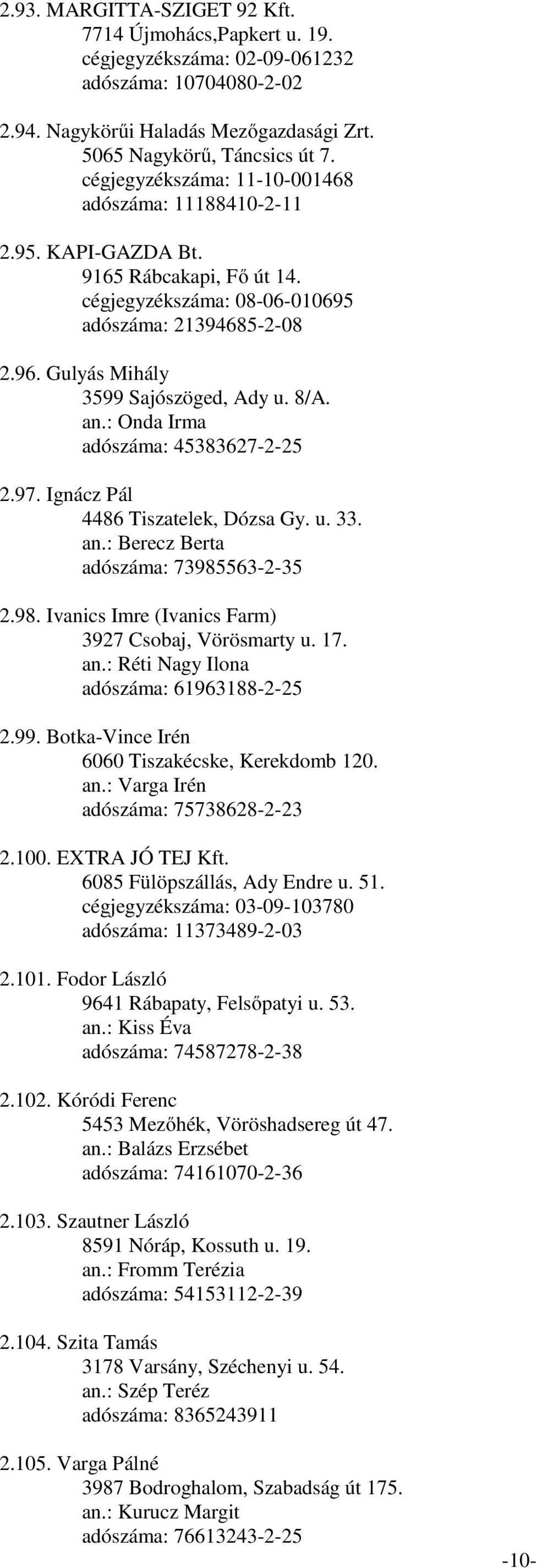 8/A. an.: Onda Irma adószáma: 45383627-2-25 2.97. Ignácz Pál 4486 Tiszatelek, Dózsa Gy. u. 33. an.: Berecz Berta adószáma: 73985563-2-35 2.98. Ivanics Imre (Ivanics Farm) 3927 Csobaj, Vörösmarty u.