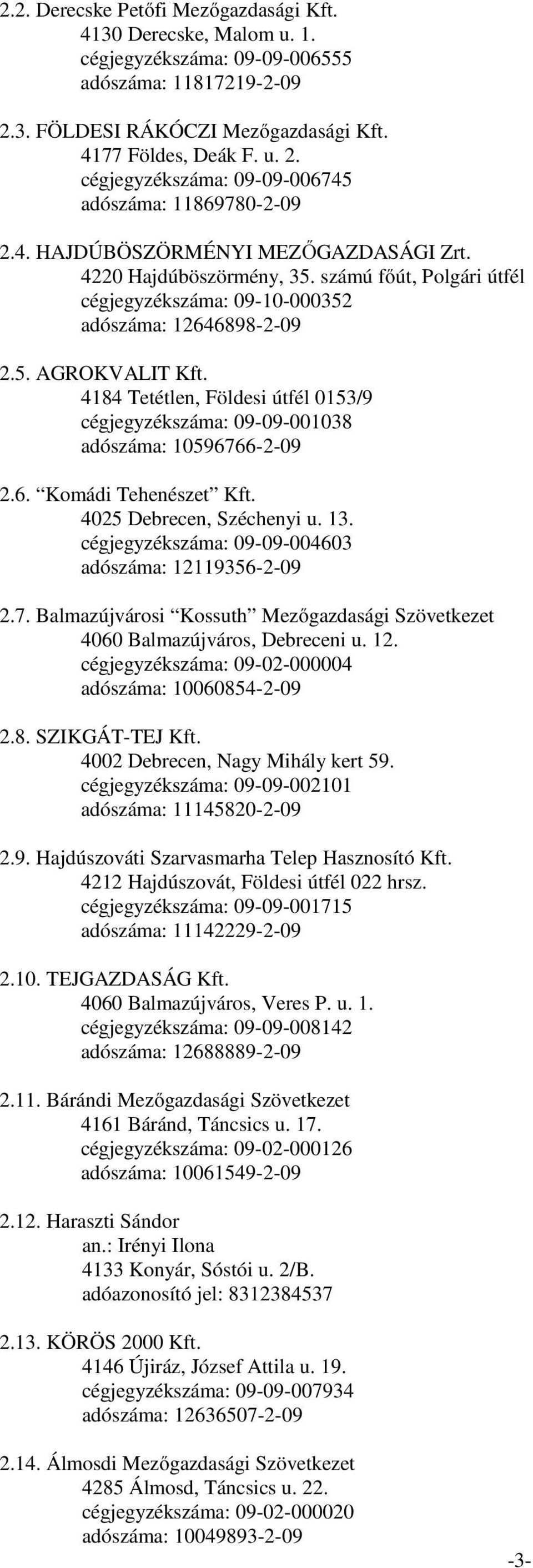 4184 Tetétlen, Földesi útfél 0153/9 cégjegyzékszáma: 09-09-001038 adószáma: 10596766-2-09 2.6. Komádi Tehenészet Kft. 4025 Debrecen, Széchenyi u. 13.