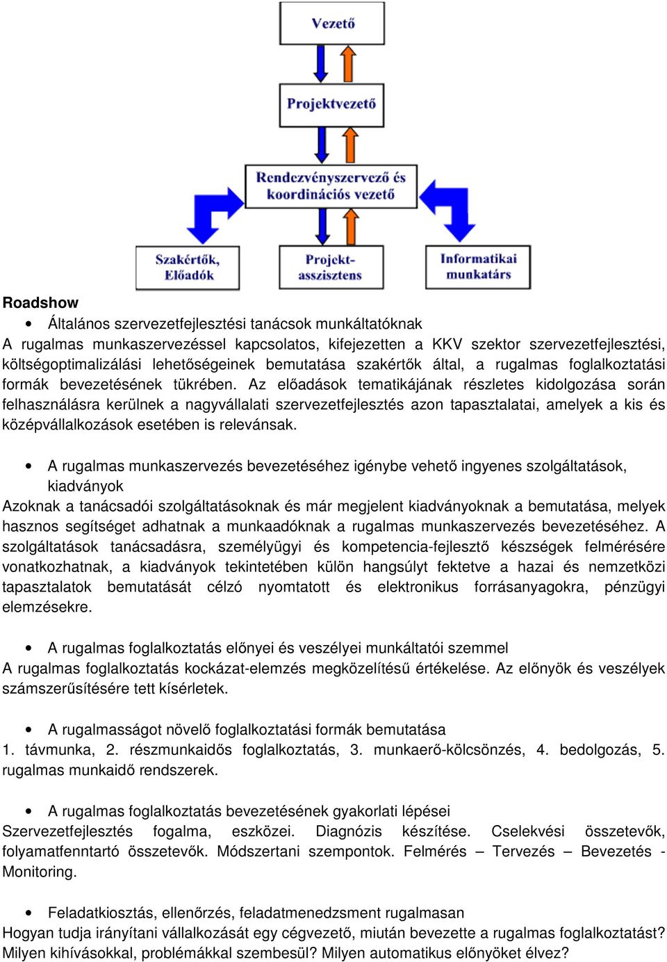 Az előadások tematikájának részletes kidolgozása során felhasználásra kerülnek a nagyvállalati szervezetfejlesztés azon tapasztalatai, amelyek a kis és középvállalkozások esetében is relevánsak.