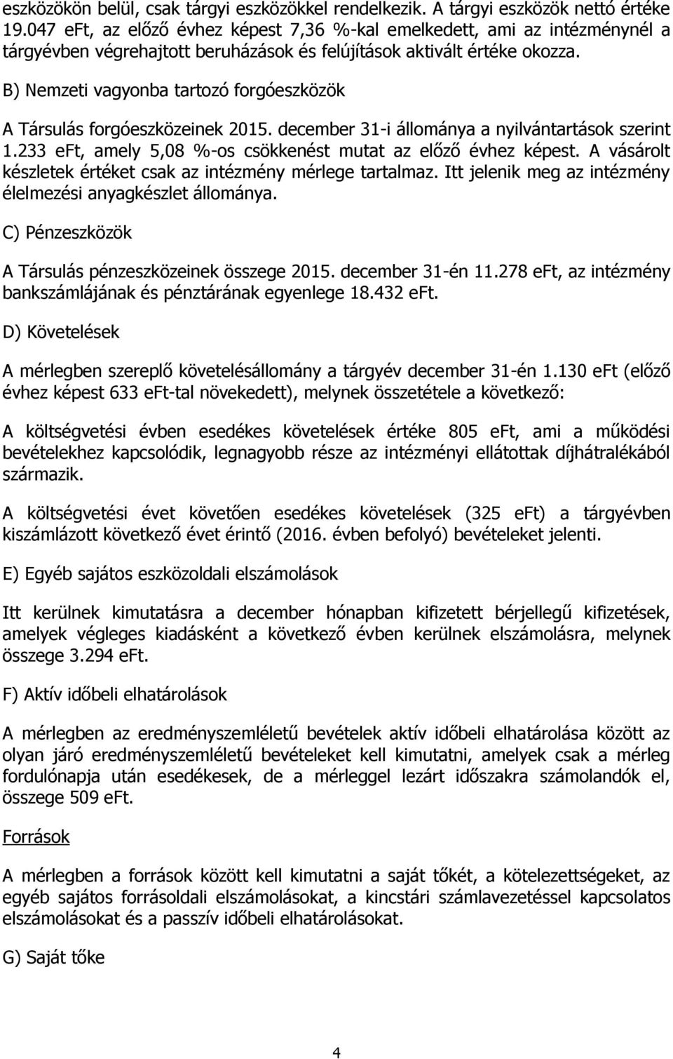 B) Nemzeti vagyonba tartozó forgóeszközök A Társulás forgóeszközeinek 2015. december 31-i állománya a nyilvántartások szerint 1.233 eft, amely 5,08 %-os csökkenést mutat az előző évhez képest.