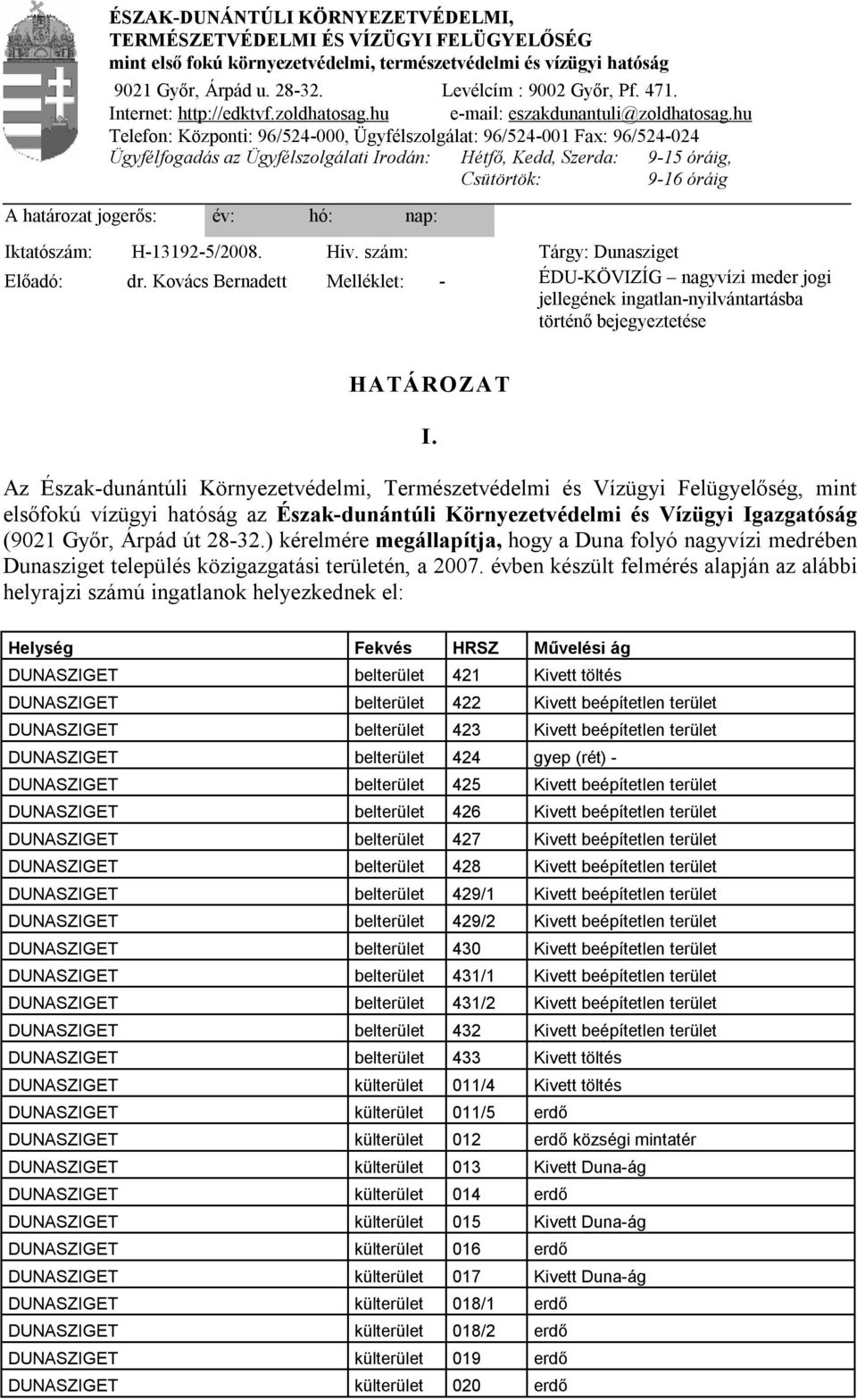hu Telefon: Központi: 96/524-000, Ügyfélszolgálat: 96/524-001 Fax: 96/524-024 Ügyfélfogadás az Ügyfélszolgálati Irodán: Hétfő, Kedd, Szerda: 9-15 óráig, Csütörtök: 9-16 óráig A határozat jogerős: év: